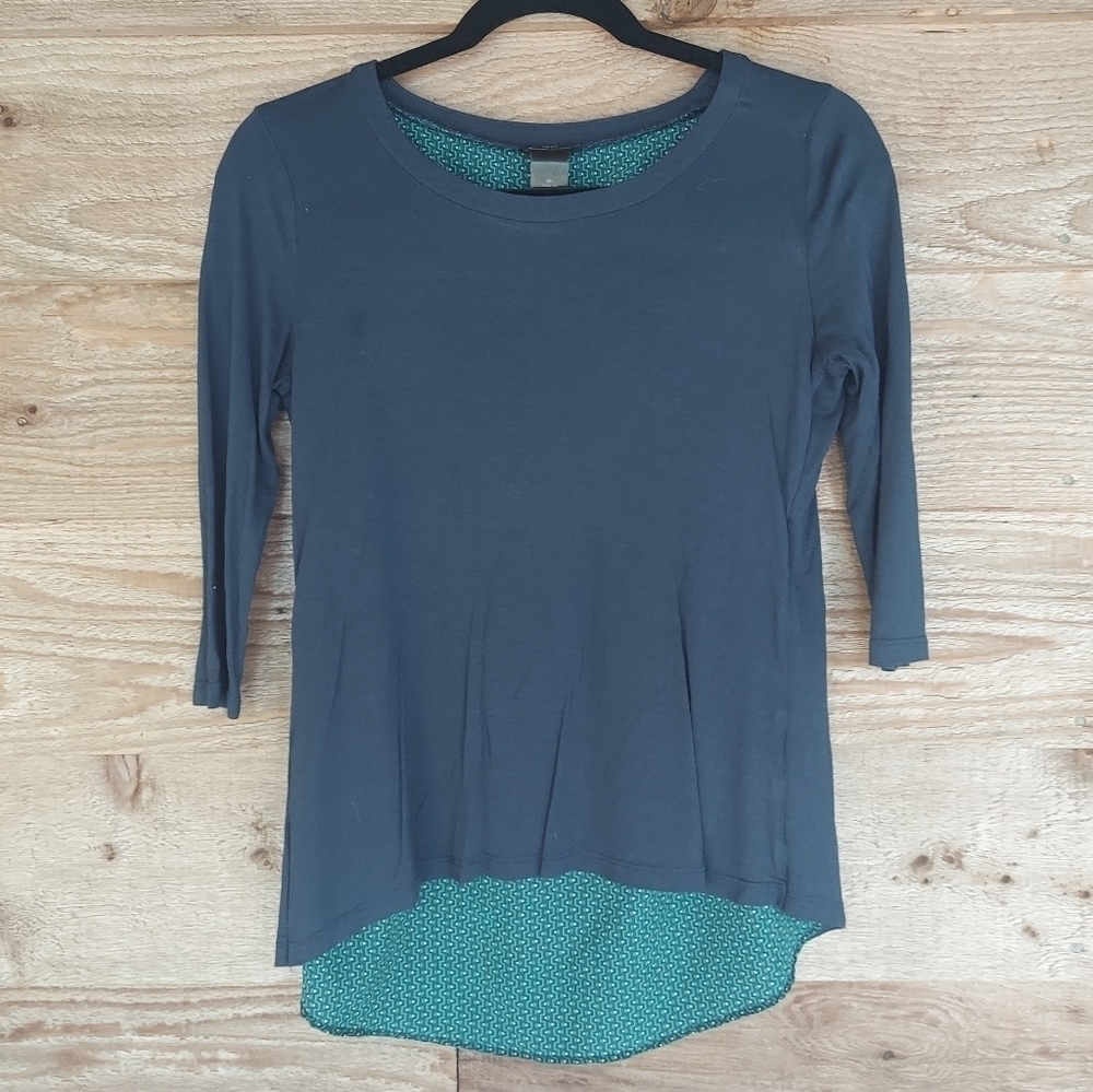 Ann Taylor Blue Elbow Sleeve Top w/ Green Panel SP
